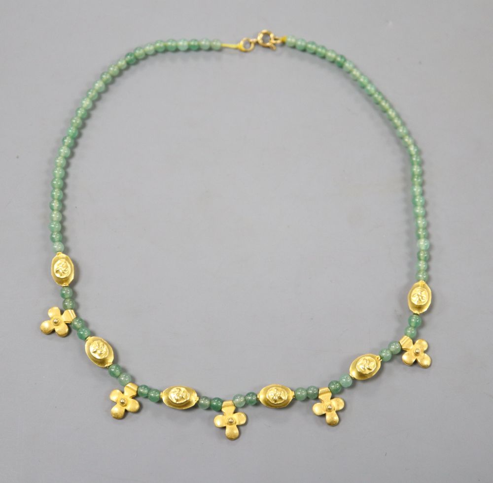 A Chinese yellow metal and quartz? bead necklace, 42cm, gross 17.5 grams.